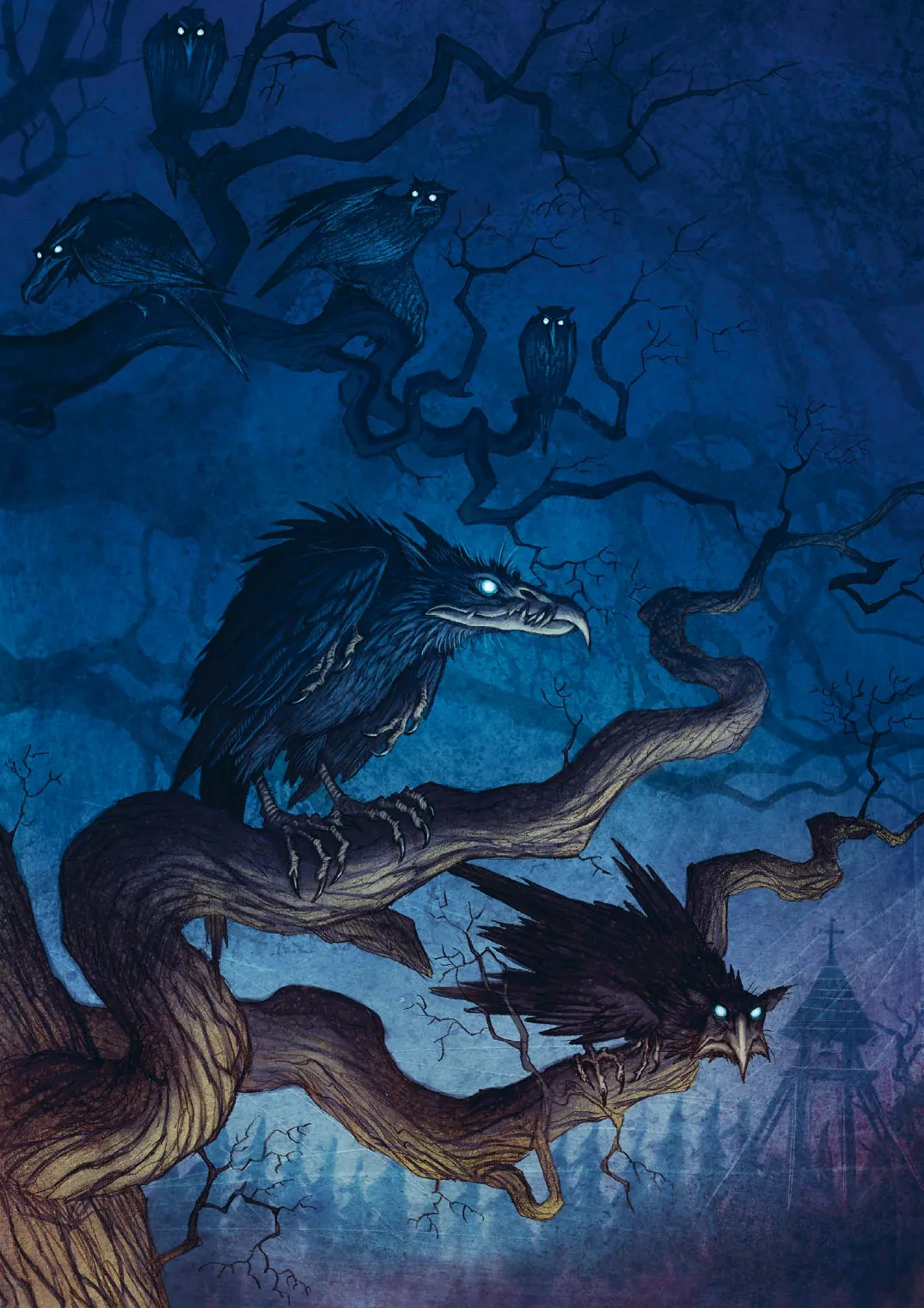 Ilustracja kruków w ciemnym lesie